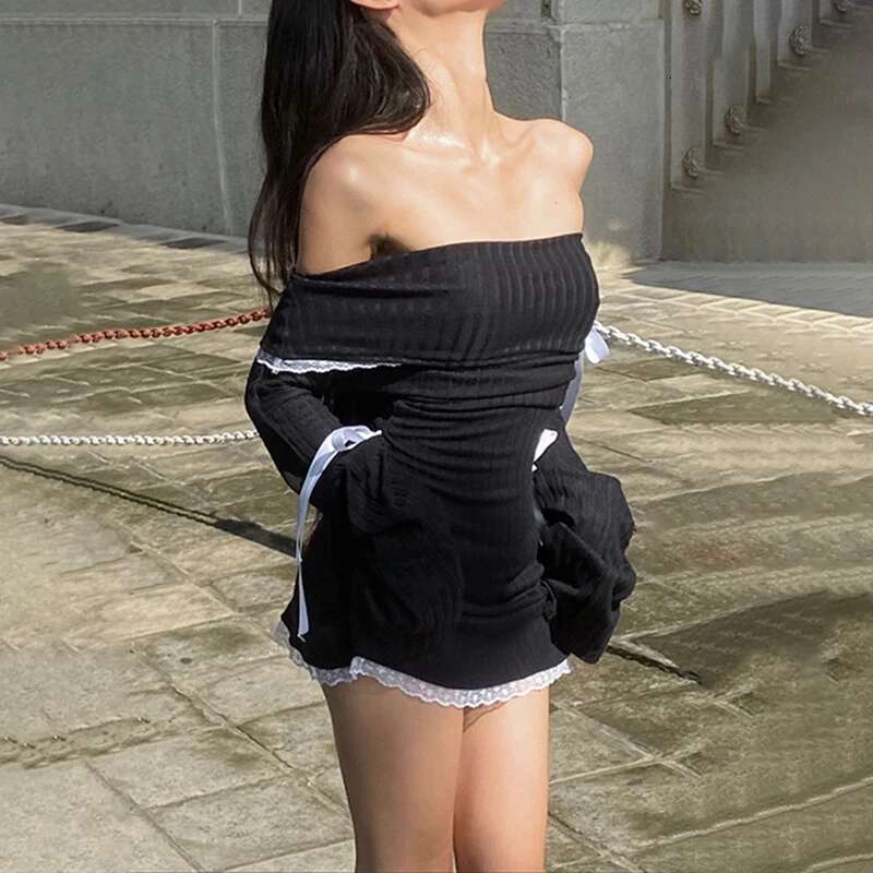 Strapless Sexy Black Dress Women Autumn Off Shoulder Long Sleeves Lace Knitting Bandage Mini Dresses Slim Elegant Club Partywear KLMY