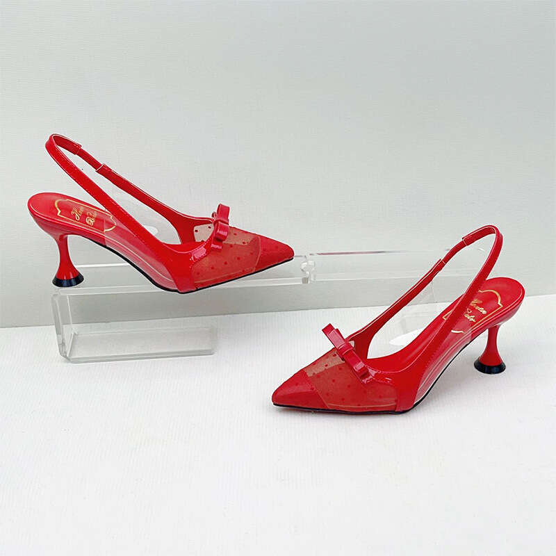 New pointed, slim heel shoes with sexy mesh dotted toe closure sandals, feminine and high-heeled sandals