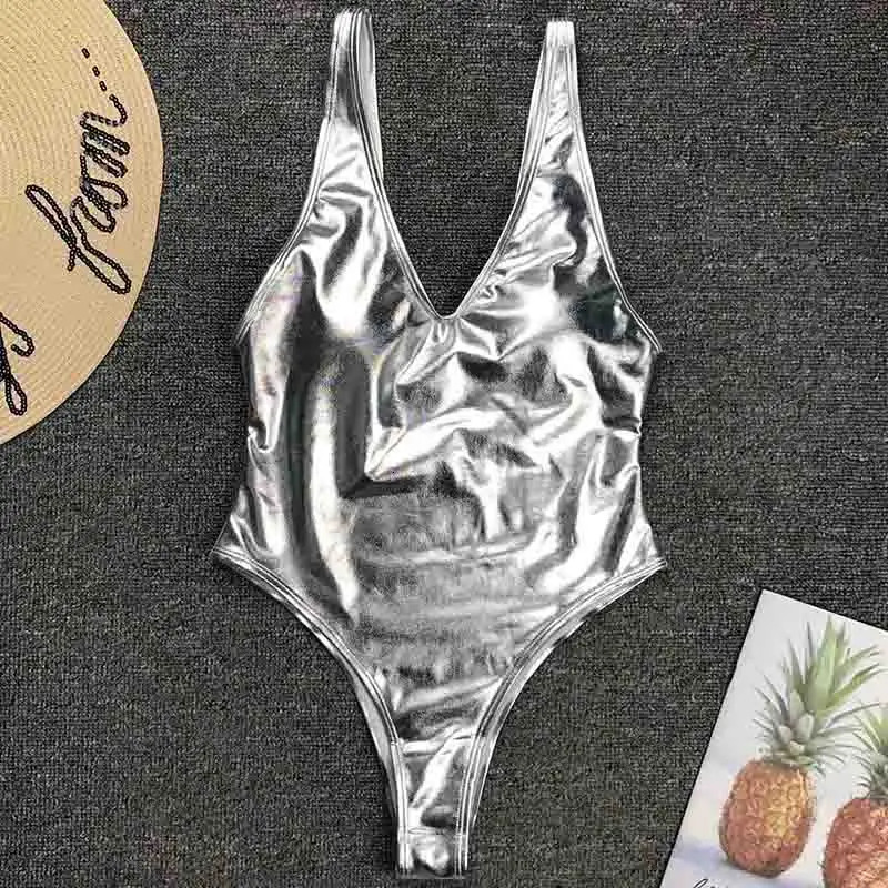 Shiny Gold Stamp Silver One Piece Swimsuit Women Swimwear Female Bather V Neck Bathing Suit Swim Wear Monokini With Pad 250306