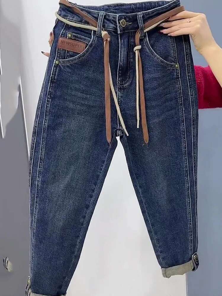 2023 NEW Spring Autumn High Waist Straight Loose Fit Stretch Haren Denim Ladies Ankle-Length Jeans Pants