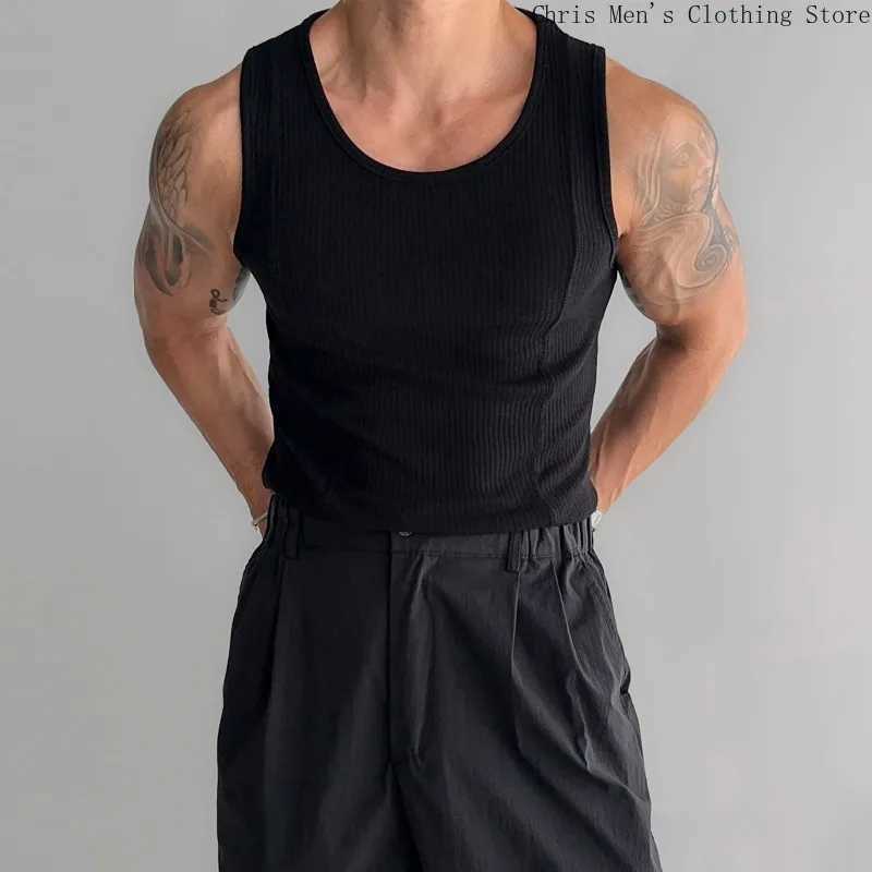 Muscle Men Elastic Tight Vest Street Fashion Solid Color Knitted Vest Fitness Sports Running Mens Sweatshirt Mens Base CoatT250318