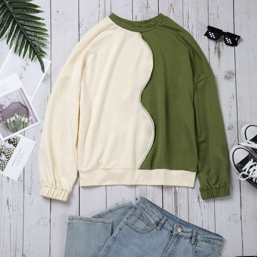INS Style Women's New Loose Casual Sports Patchwork Contrasting Knitted Long Sleeved Sweatshirt KLMY