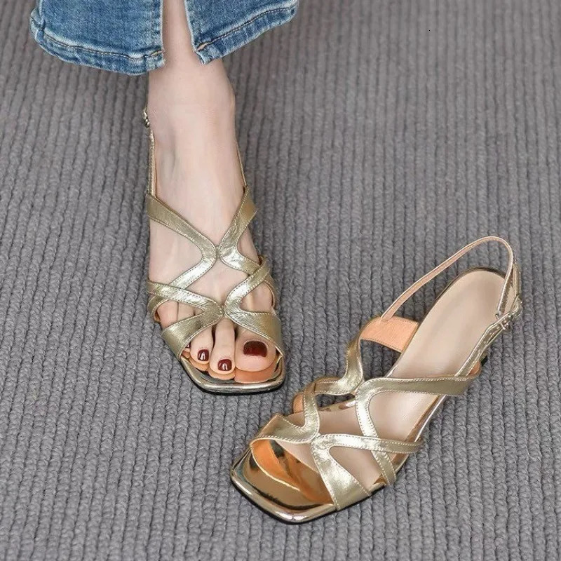 Buckle Strap Womens Sandals Fashionable Formal Womens Square Toe Stiletto Heels Solid Color Elegant Sandals 250306