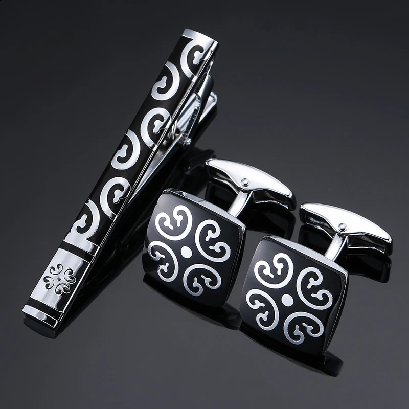 High Quality Cuff links necktie clip for tie pin mens gift Classic pattern bars cufflinks set Men Jewelry 250228