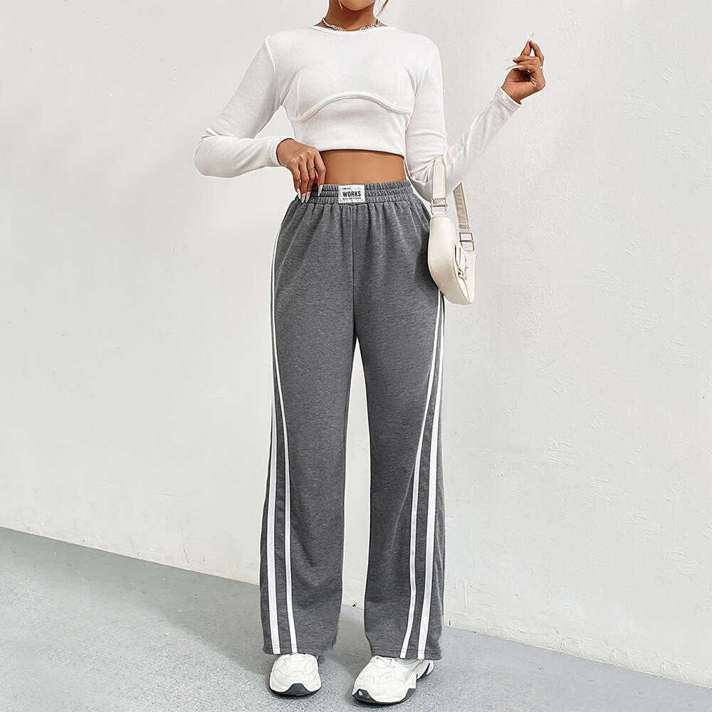 Women's Autumn/Winter Sports Pants, High Waisted Loose Straight Casual Sweatpants, Striped Patchwork Wide Leg Pants KLMY