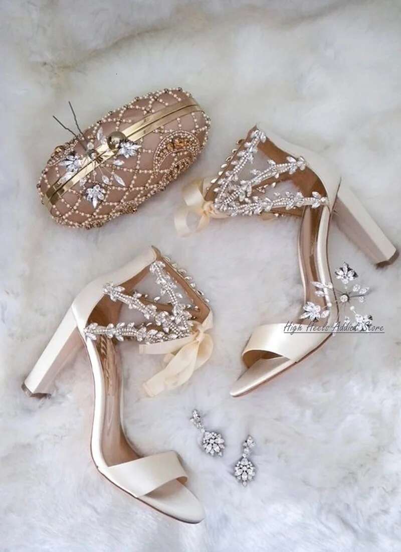 Wedding Crystal Satin Block Heel Sandals Women White Chunky High Heels Lace up Designer Bride Summer Elegant Comfy Shoes 250311
