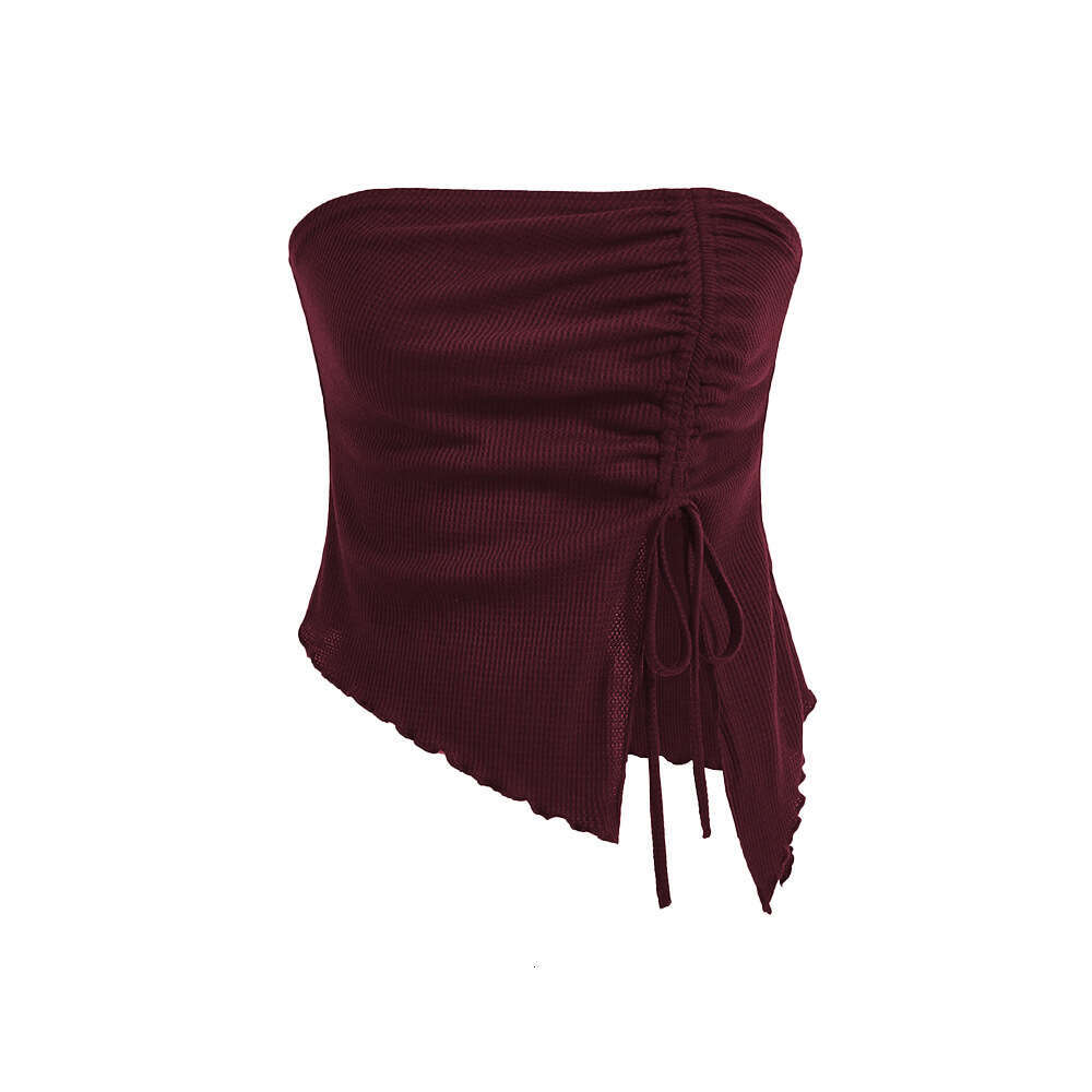 Women's Clothing 2025 Summer New Item Drawstring Slit Irregular Waffle Style Slim Fit Strapless Vest Top KLMY