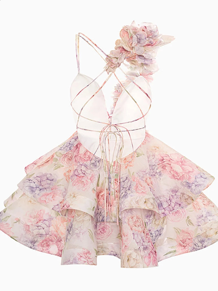 Elegant 3D Flower Printed Party Dress Women Sling Backless Lace Up Ruffle A-line Mini Evening Dresses Female 2025 Spring 250305
