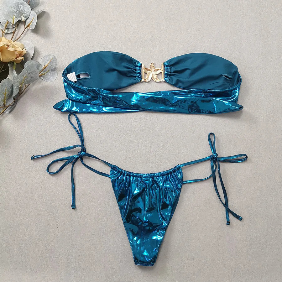 Gem Blue Glossy Bikini Womens Clothing Swimsuit Summer Beach Vacation Outfits Thong Bathing Suit Bandeau Backless Swimwear 250305