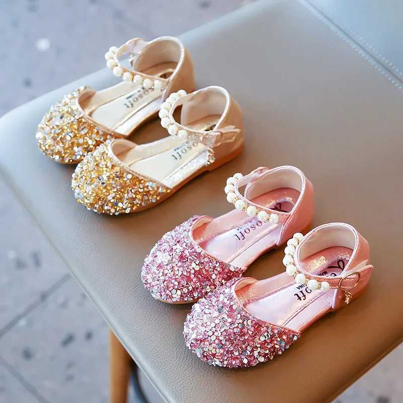 Girls Sprincess Shoes Sequins Pearl Gold Pink Summer Children Sandals Cover Toe 21-36 Toddler Fashion Party Dance Kids FlatsT250306