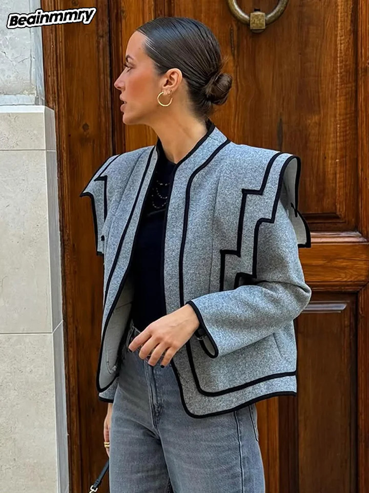 Elegant Grey Irregular Shoulder Womans Short Jacket Fashion Long Sleeve O Neck Coats Lady Spring High Street Outwear 250306