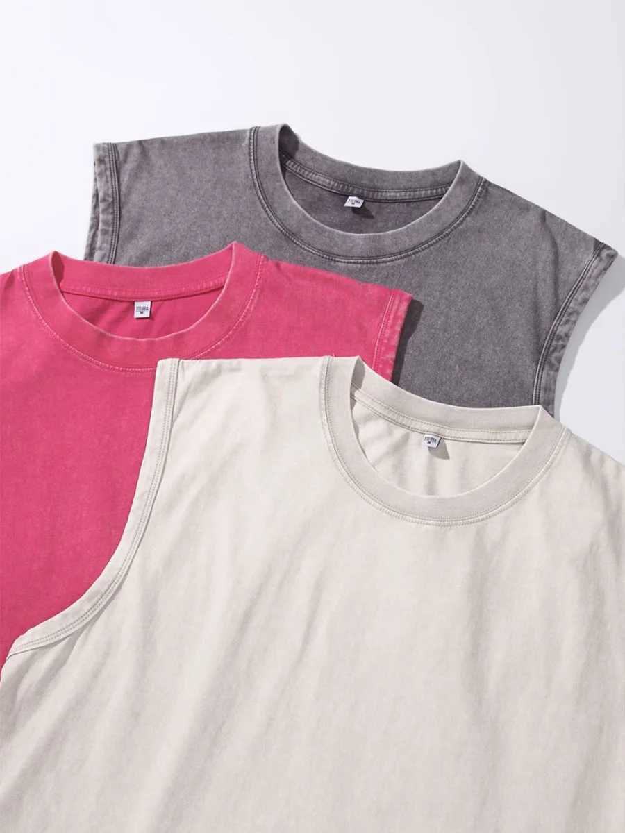 230Grams Cotton Vest Men Sleeveless T-shirt Washed Heavy and Old Shoulder Retro Loose Unisex Vintage TopsT250318