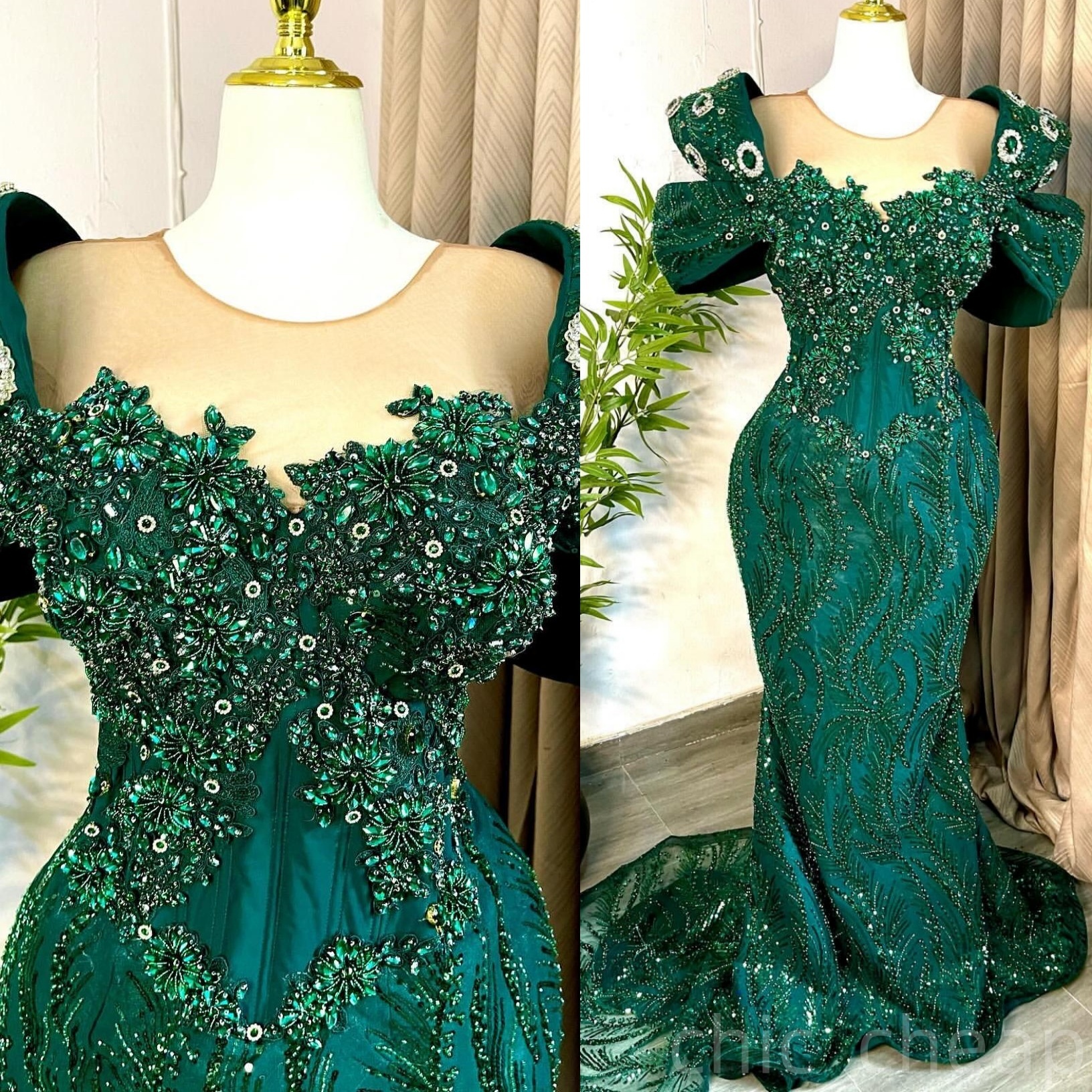 Dark Green Mermaid Prom Dresses 2025 Beaded Crystals Sequined Evening Formal Party Second Birthday Engagement Gowns Plus Size Dress For Special Occasi