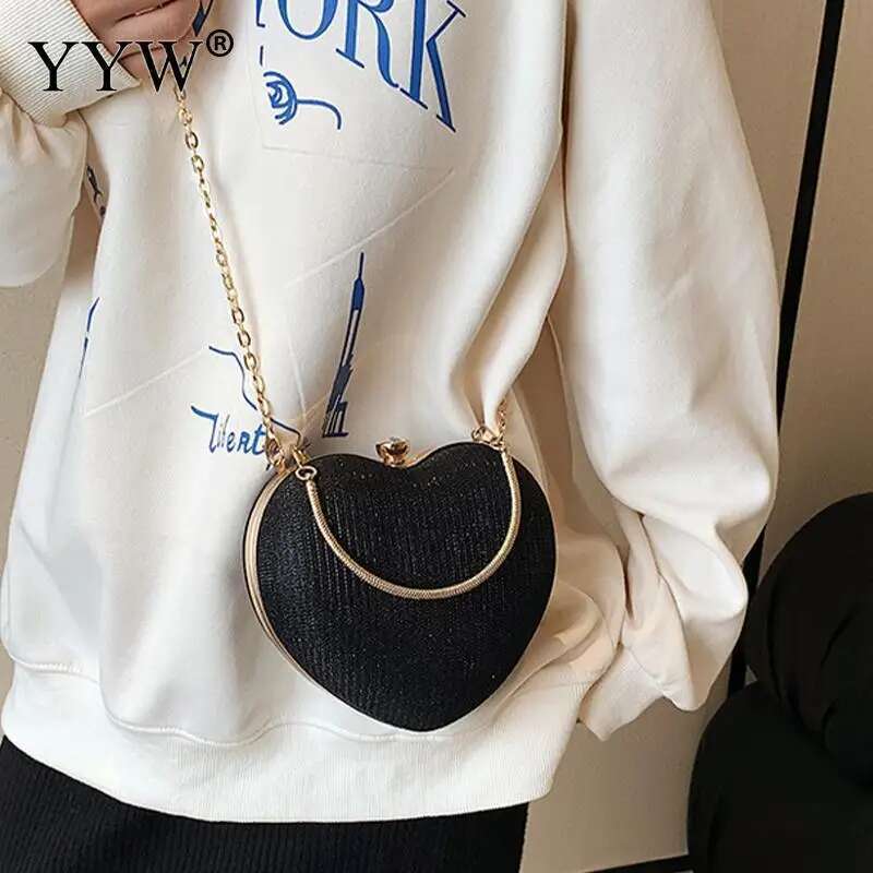 Heart-Shaped Sequins Love Evening Handbag Crystal Dia Clutch Top Handle Wedding Party Mini Purse Shoulder Messenger Bag