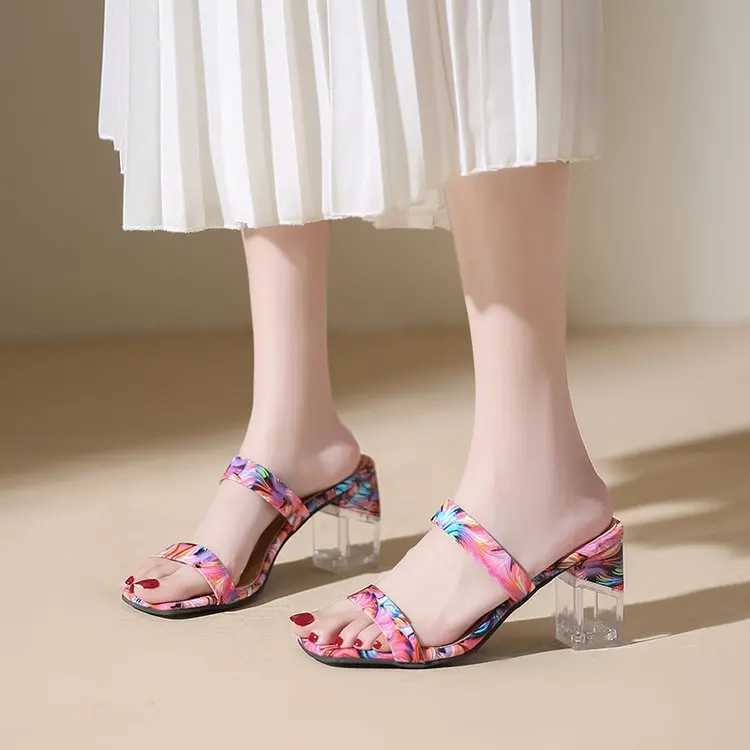 Transparent Crystal Heel Slippers Wens 2023 Summer New Large Square Slippers with Pattern Y250306
