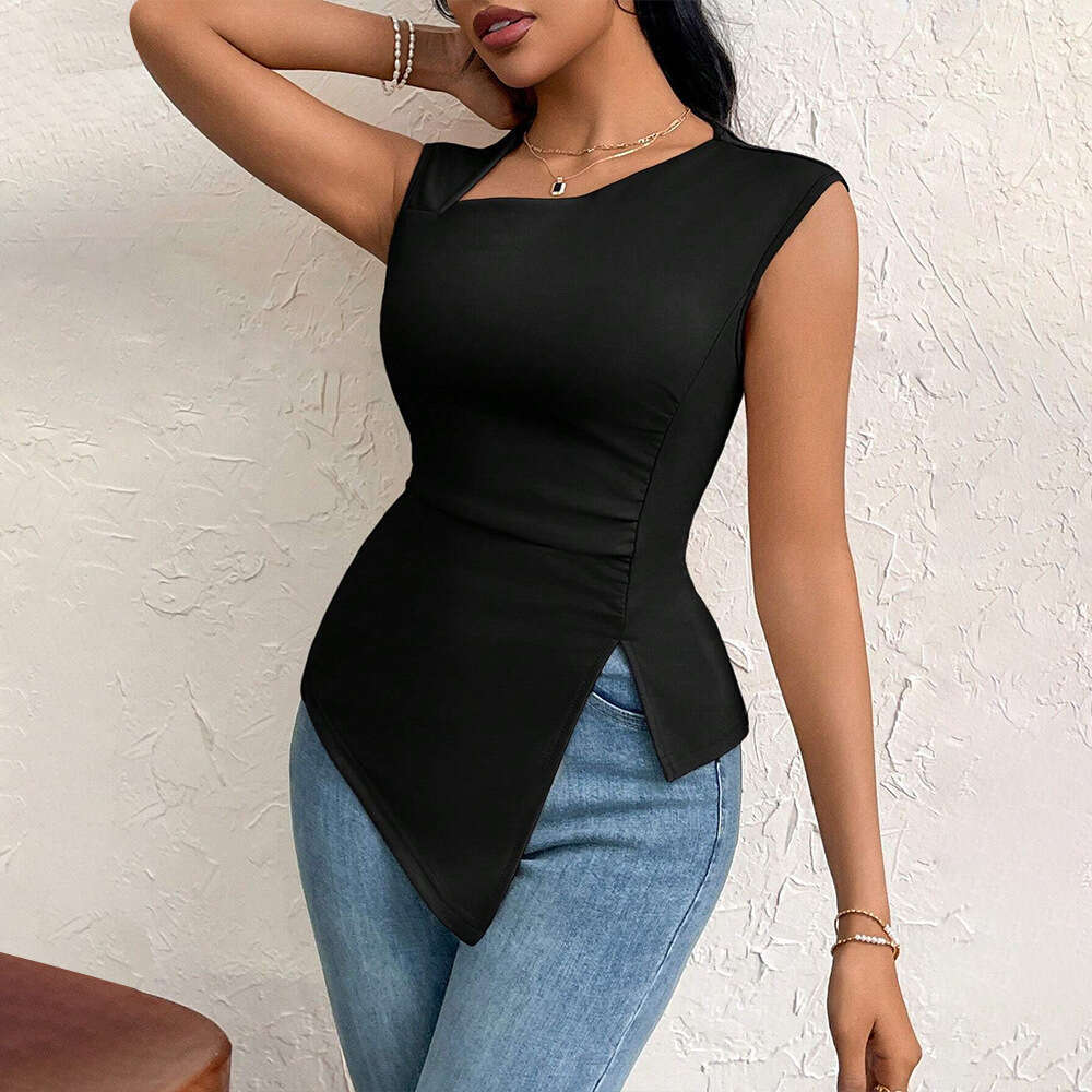 Women's Elegant T-Shirt 2025 Spring/Summer New Style Slant Neck Slimming Short Solid Color Top KLMY