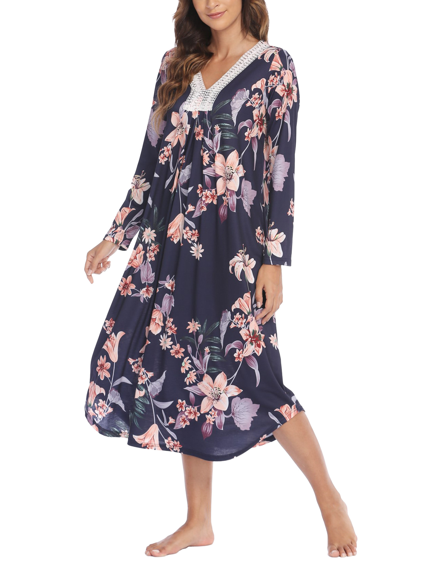 X147-Winter beauty ladies nightdress imitation cotton printed lace splicing V-neck long-sleeved long dress home clothes pajamas women
