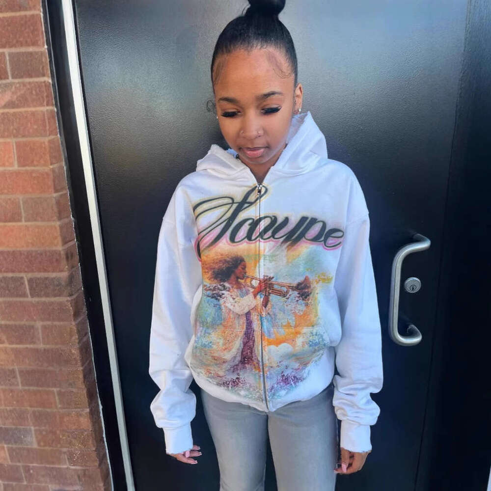 American oversized regular printed pattern zipper jacket casual versatile slimming sweatshirt