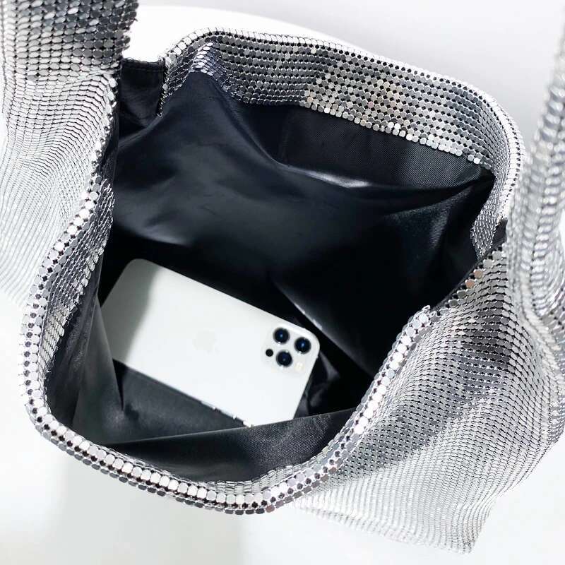 Aluminum Sheet Metal Mesh Sequins Tote Bags For Women Designer Handbag Purse 2024 New In Fashion Shoulder Evening Party