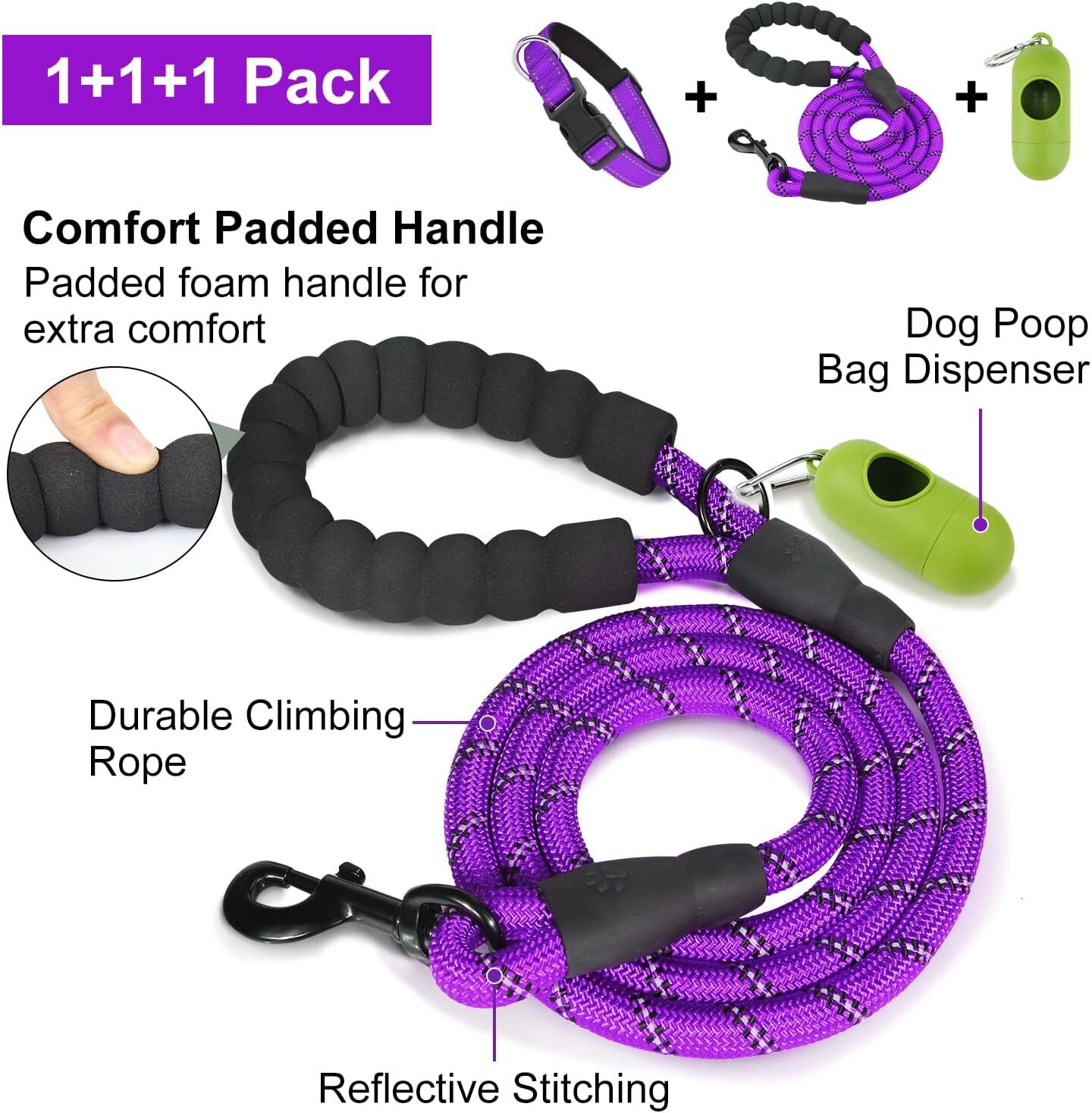 Premium Reflective Nylon Dog Collar & Leash Set with Neoprene Padding - 6ft Lead, Waste Bag Dispenser (S/M & Medium Sizes) Dog kit Dog shick collar