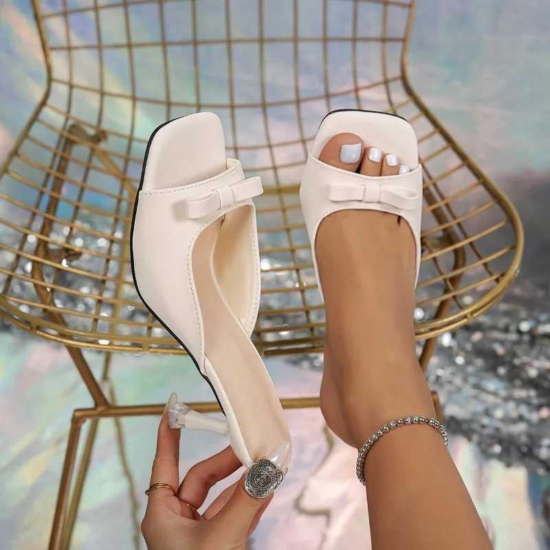 Bowknot High Wens Sandals 2025 Thin Heel Summer Outdoor Wens Slippers 42 Black WHite Square Toe Slippers Y250306