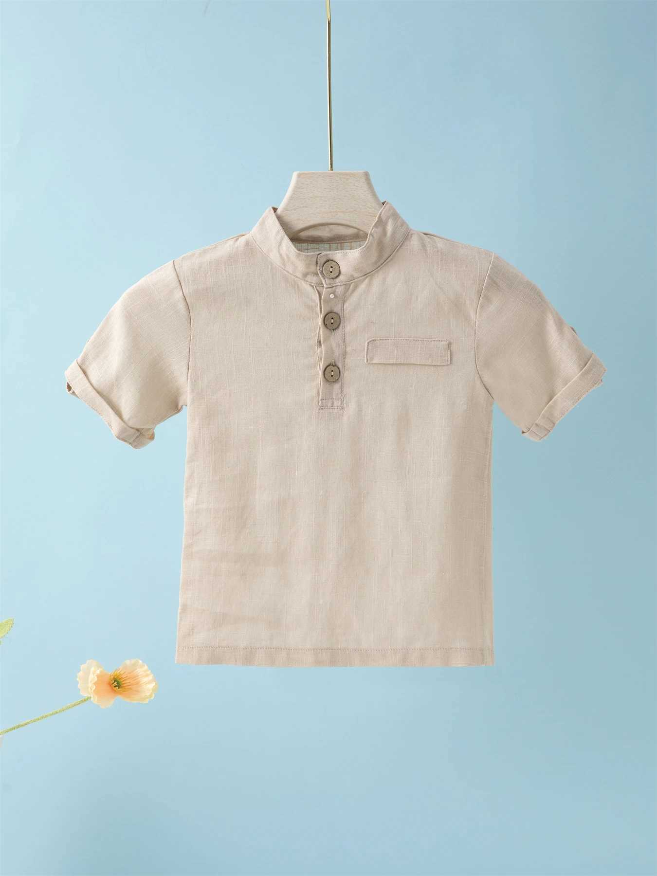 Short Sleeve Polo Shirt for Children Casual Mandarin Collar Solid Color Cotton-Linen Blend Thin SummerT250306