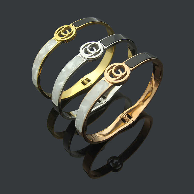 Bangle Titanium Steel Jewelry Hollow Gblack Sheet White Shell Bracelet for Women H250306