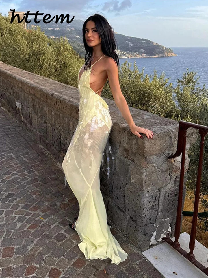 Sexy Sequins Backless Long Mermaid Dress Women Bodycon Halter Neck Sleeveless See Through Party Dresses Autumn Evening Gown 250305