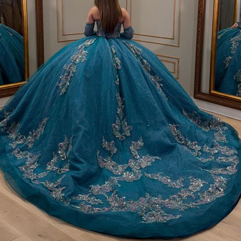 Sea Blue Shiny Quinceanera Dresses Ball Gown Off Shoulder Applique Lace Beads Tull Corset Sweet 16 Dress Vestidos 15 De Anos