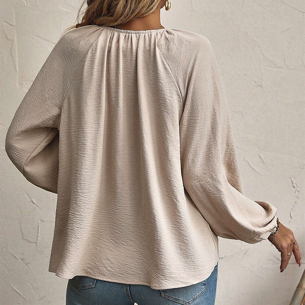 Raglan Sleeves, Front Chest Tie, Small V-Neck, Casual And Comfortable Loose Fit Long Sleeved Shirt KLMY