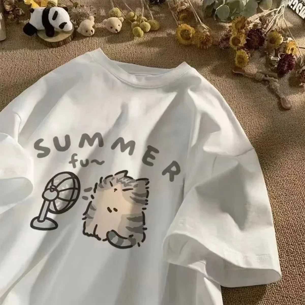 Summer Cat Print Funny Kids Woman Tees T-shirt Cotton Boys Girls Short Sleeve Korean Kpop Clothes Casual Oversized Free ShippingT250306