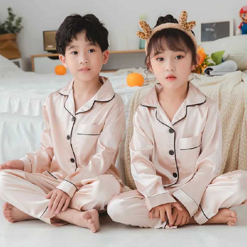 Button Spring Summer Pajama Childrens Satin Pajama Set Childrens Girls Silk Long Sleeve 2-piece Top+Pants M250306