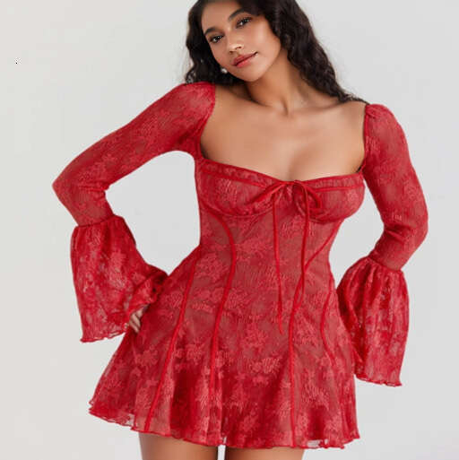 Autumn women's style fashionable slim fit lace horn long sleeved strap A-list dress for women 2025 new casual fashion trend clothing