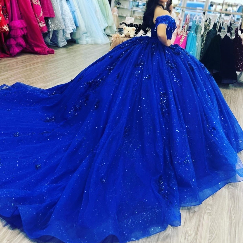 Royal Blue Shiny Quinceanera Dresses Ball Gown Off Shoulder Applique Lace Beading Tull Corset Sweet 16 Dress Vestidos 15 De Anos