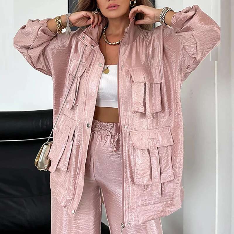 Fall Retro Metallic Color Women's Jacket Outerwear Casual Lapel Button Zipper Office Top Cardigan Winter Long Sleeve Pocket Coat
