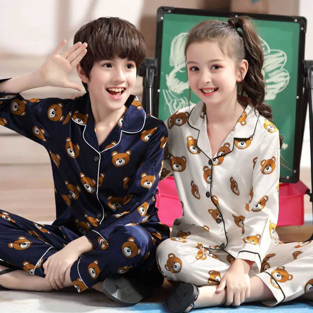 Children Silk Satin Pajamas Set Baby Boys Girls Cartoon Little Bear Tops Trousers 2Pec Spring Autumn Kids Casual Home Sleepwear M250306