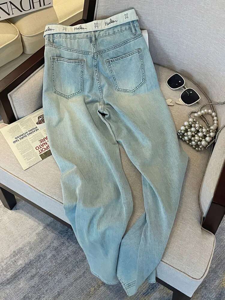Casual Letter Jeans Women Street Chic Loose Flanging Denim Pants Female Spring High Waist Straight New Wide Leg Trousers Lady