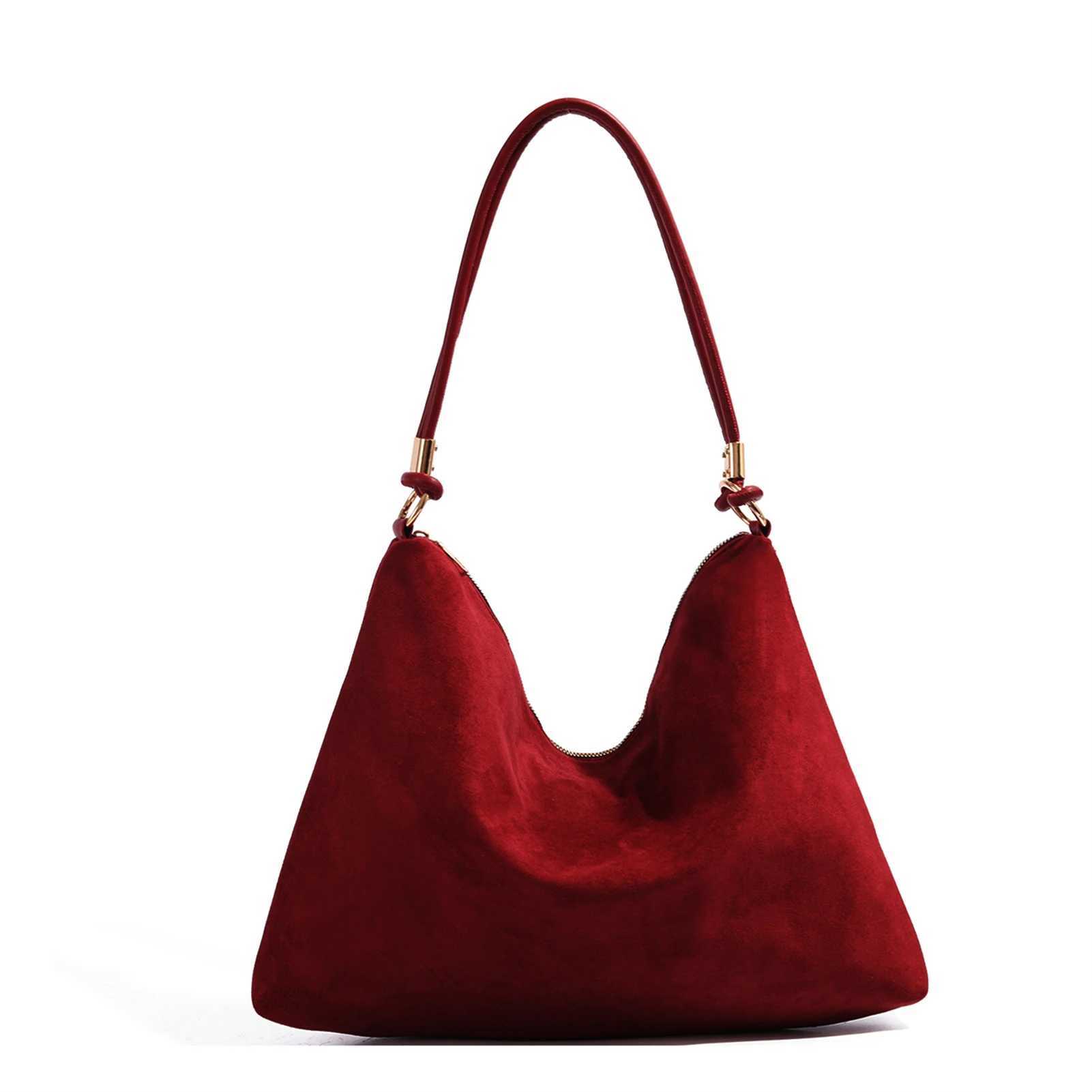 New Burgundy bag Retro shoulder bag suede leather commuter bag Womens Y250306