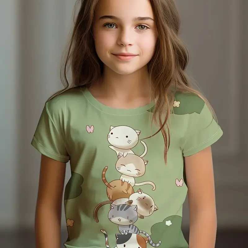 Kids Clothes Childrens T-Shirt Girl Short Sleeve Top Cartoon Cat Kawaii Girls Summer Clothes Child T-Shirt Childrens ClothingT250306