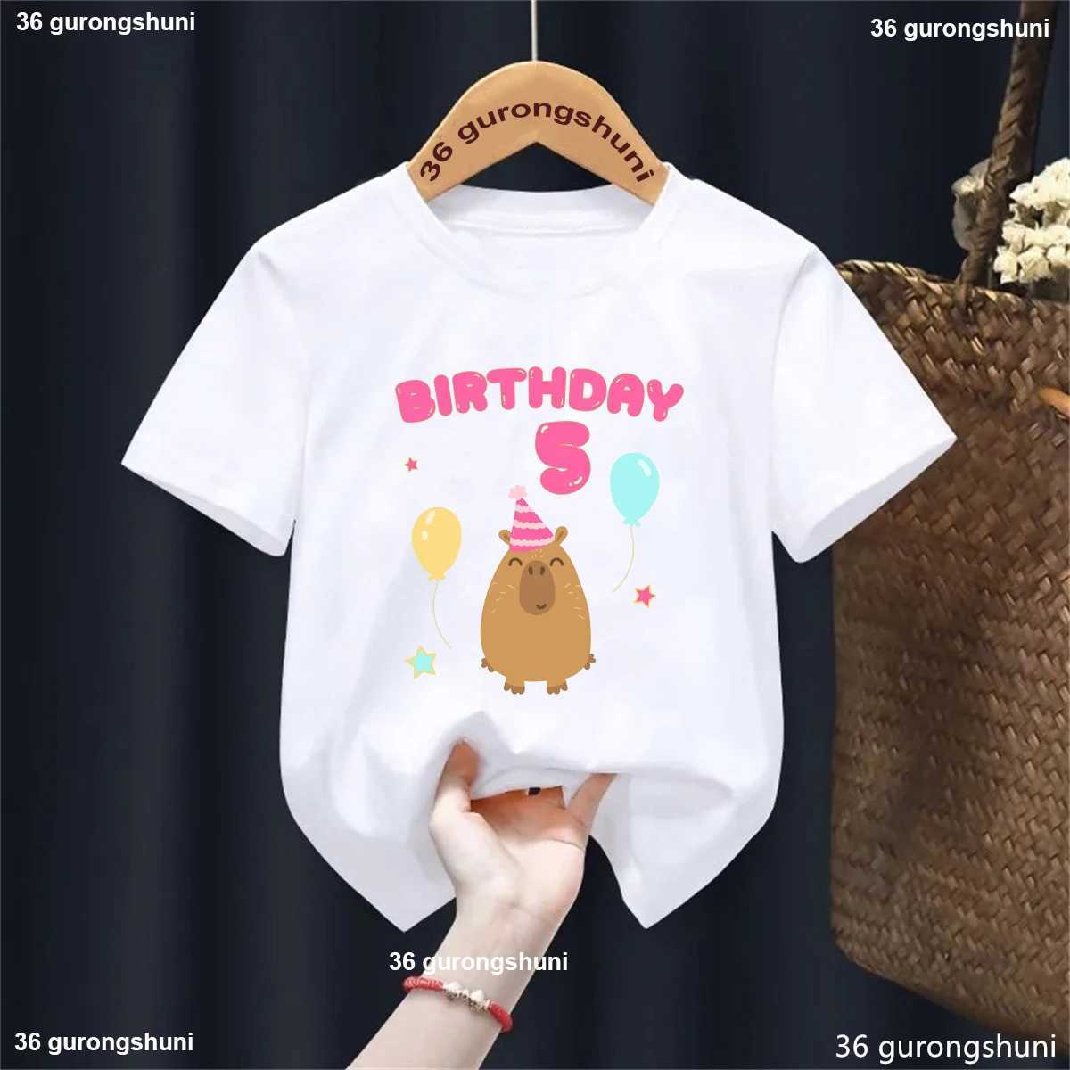 5th/6th/7th/8th/9th Birthday Capybara Balloon Printed Tshirt Girls/Boys Funny Kawaii Kids Clothes Fashion Solid T-Shirt TopsT250306
