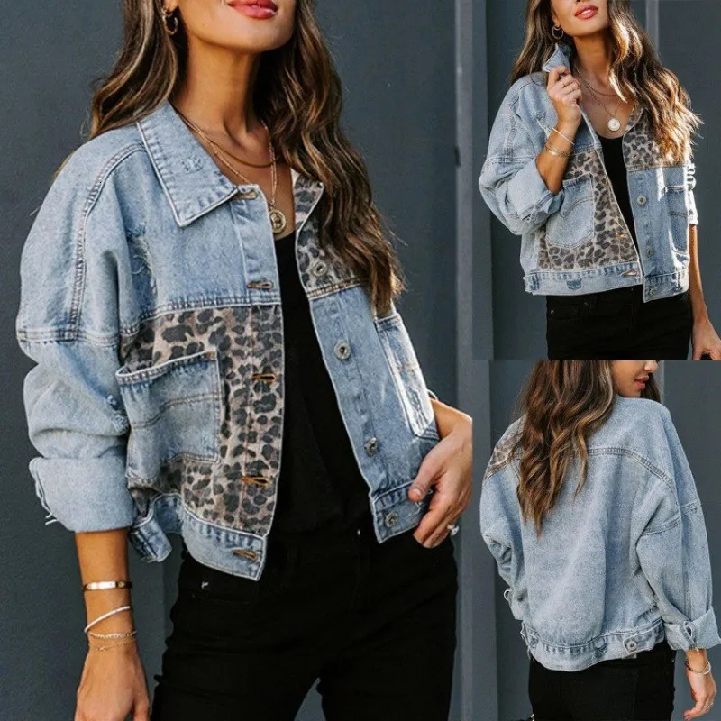 Leopard Stitching Denim Jacket Women Coat Fashion Female Outerwears Long Sleeve Lapel Button Down Chest Pocket Tops 250306