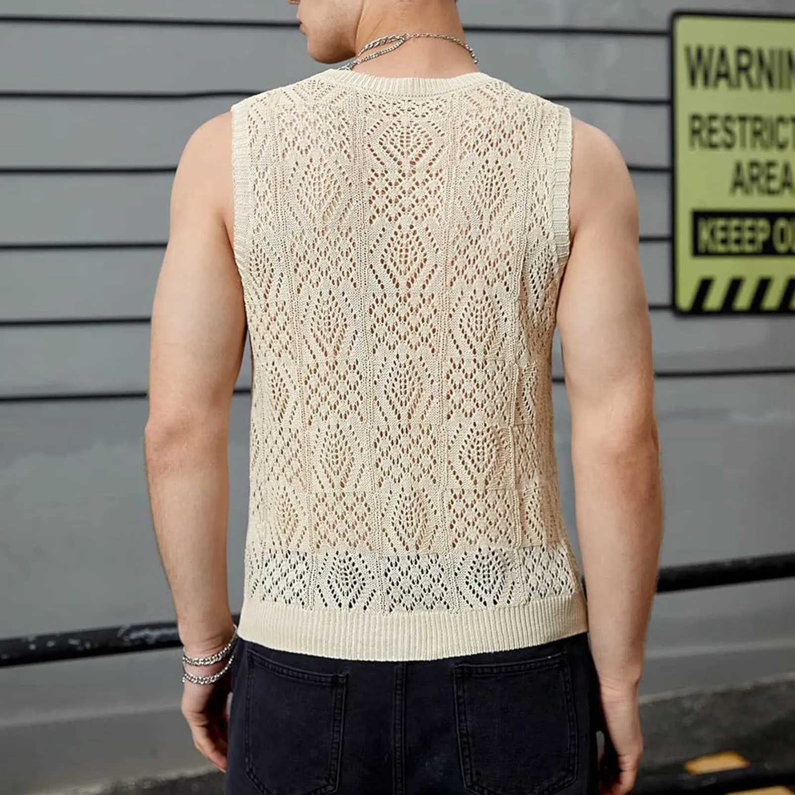 Beach Tops For Men MenS Knitted Hollowed Out Vest Crew Neck Sleeveless Male Clothes With Designs Camiseta Sin Mangas HombreT250318