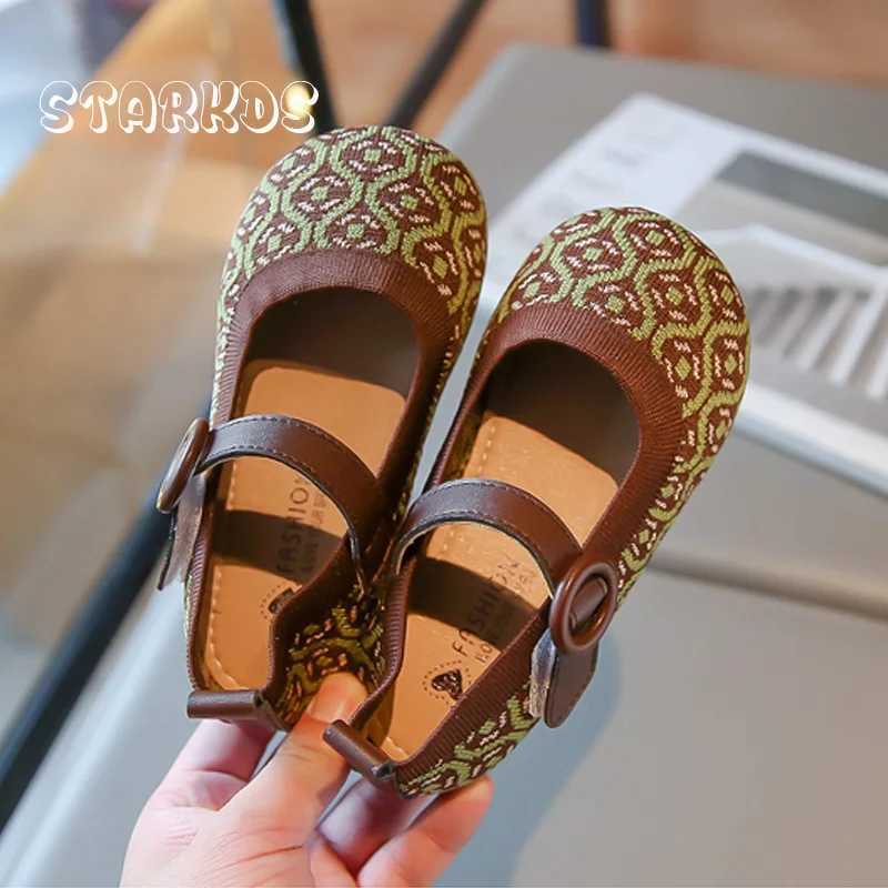 Vintage Green Jacquard Shoes Girls Breathable Knitted Ballet Flats Baby Kids Retro Elegant Floral Mary Jane Loafer ZapatosT250306