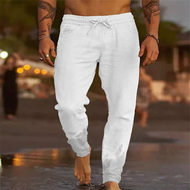 European and American men's solid color drawstring cotton en loose beach pants 2025 new casual versatile fashion clothing