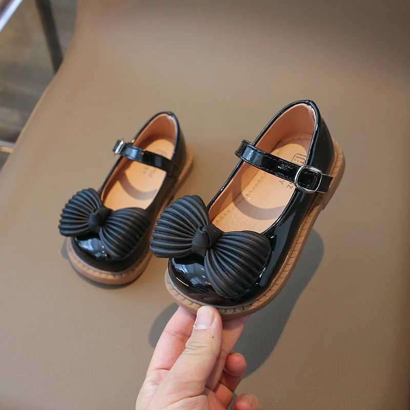 Toddler Girls Mary Janes Bowtie Patent Leather Sweet Children Leather Shoe Round Toe Elegant Hook-loop Kids Flat Shoe 21-30T250306