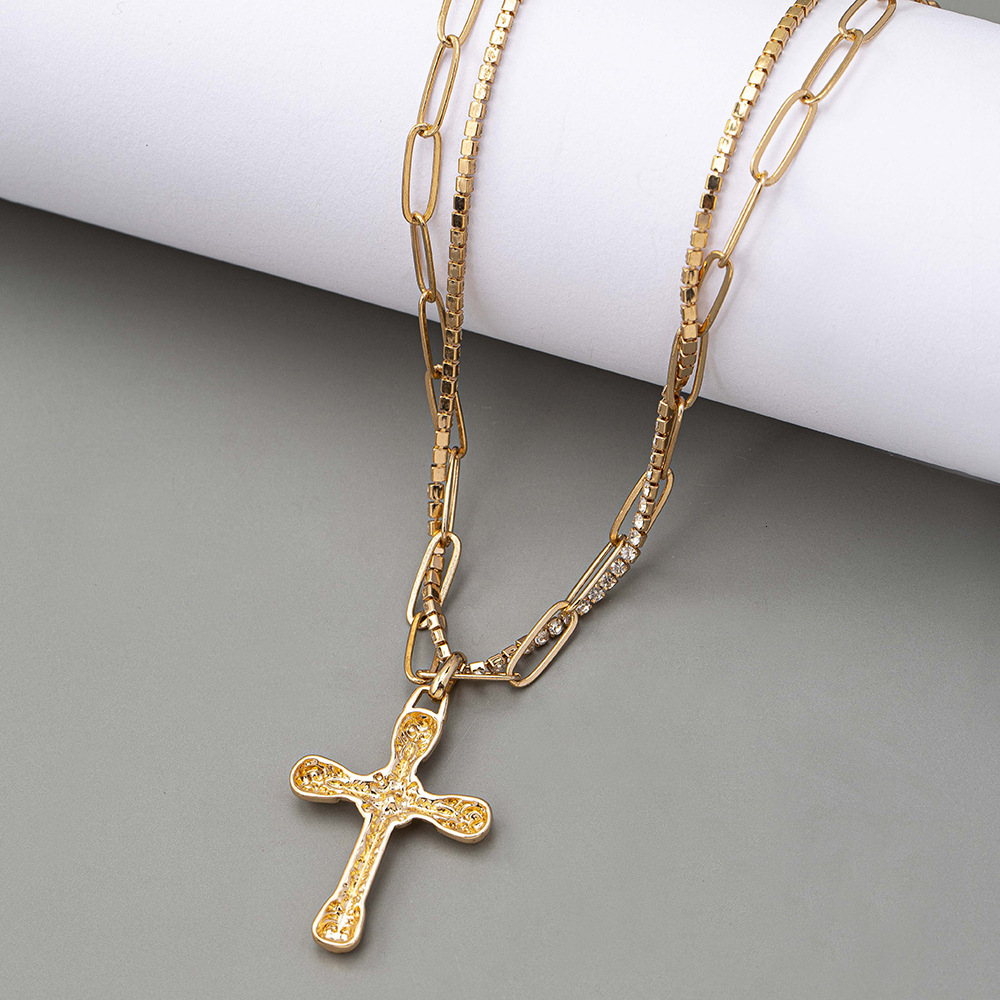 Niche Design High Sense Cross Pendant Double Gemstone Stack Wear Collarbone Necklace Jewelry for Women