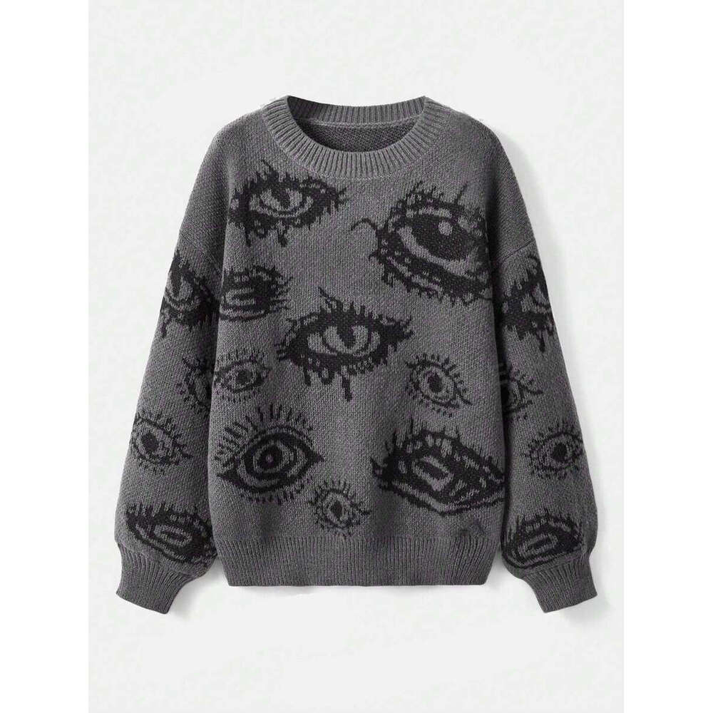 Personalized round neck long sleeved loose knitted sweater with jacquard pattern for winter warmth gift for man