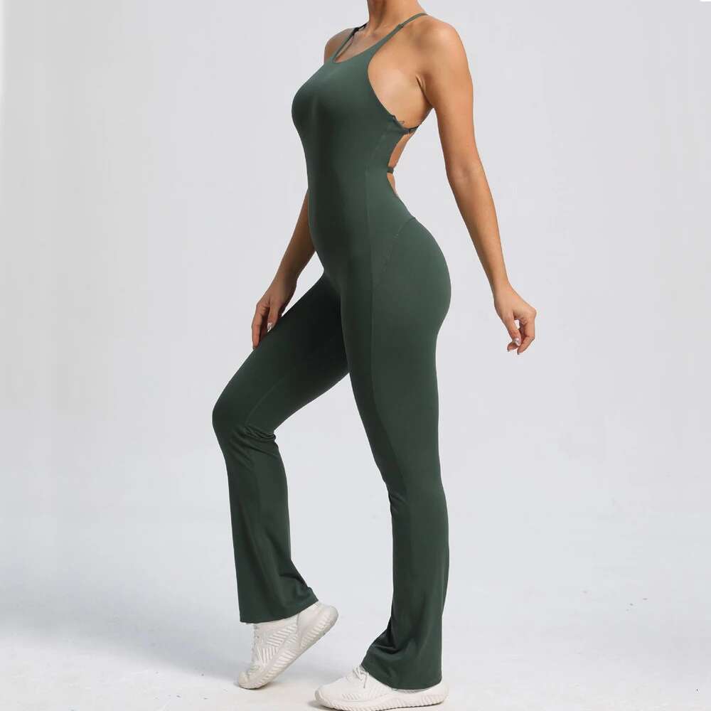 New Nylon Pad Bunny Sportwear Fiess Yoga Set Workout Flared Legging One Piece Jumpsuit Pants Exercise Active Wear Bodysuit KLMY