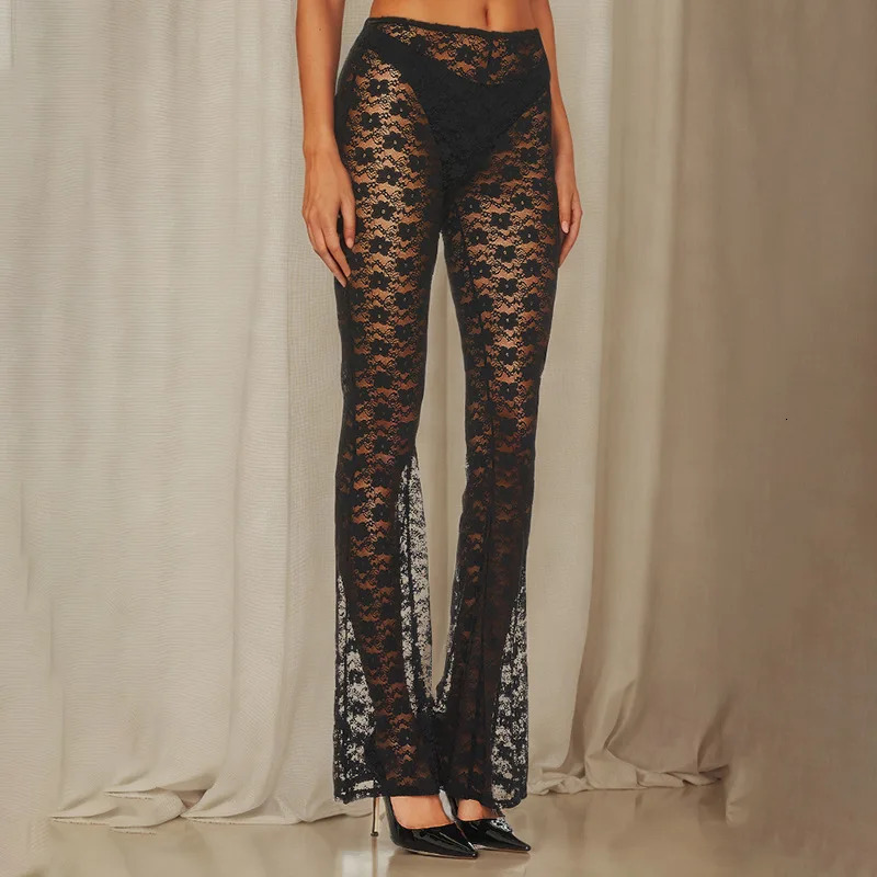 fashion floral lace pants with Versatile high elasticity and sexy perspective casual glitter 250306