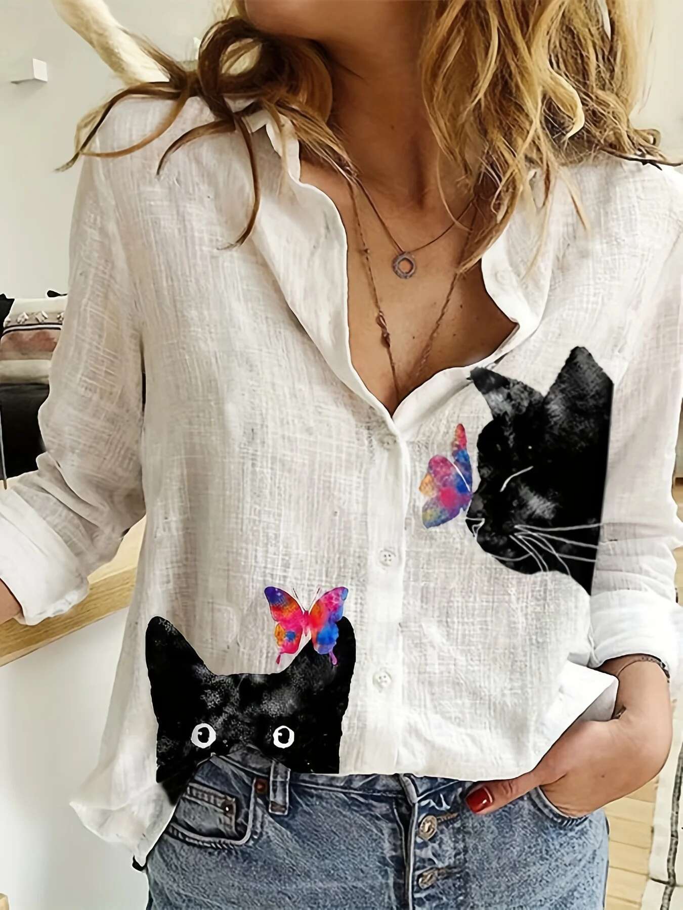 Women's Fashion Clashing Color Patchwork Top Temperament Sense Long Sleeve Cat 2023 Autumn Brand Design Shirt
